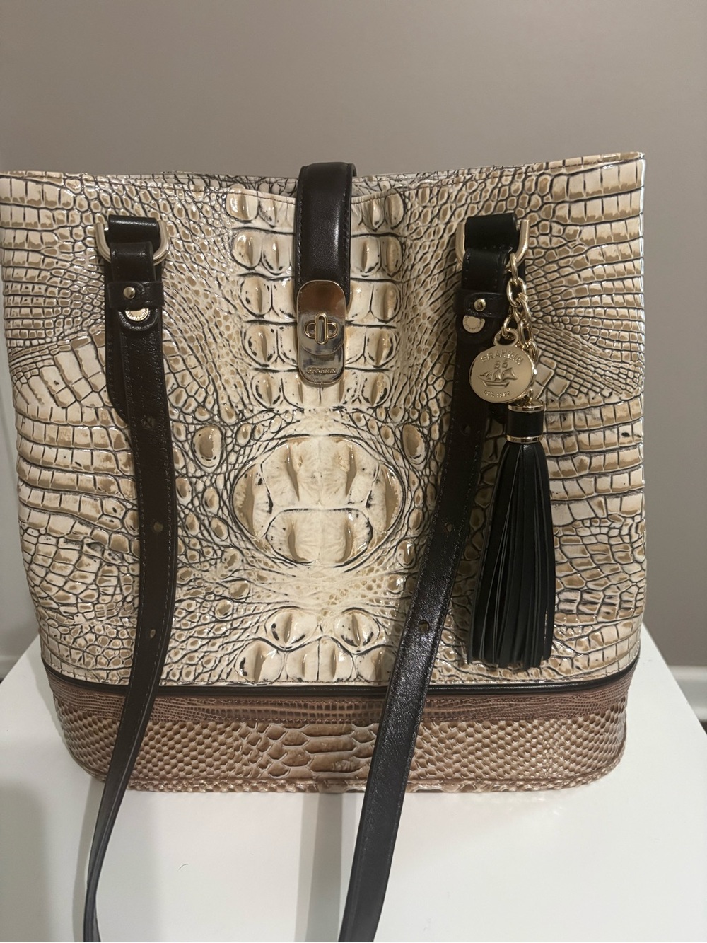 Brahmin Ivory Croc-Embossed Leather Tote with Dark Brown Trim